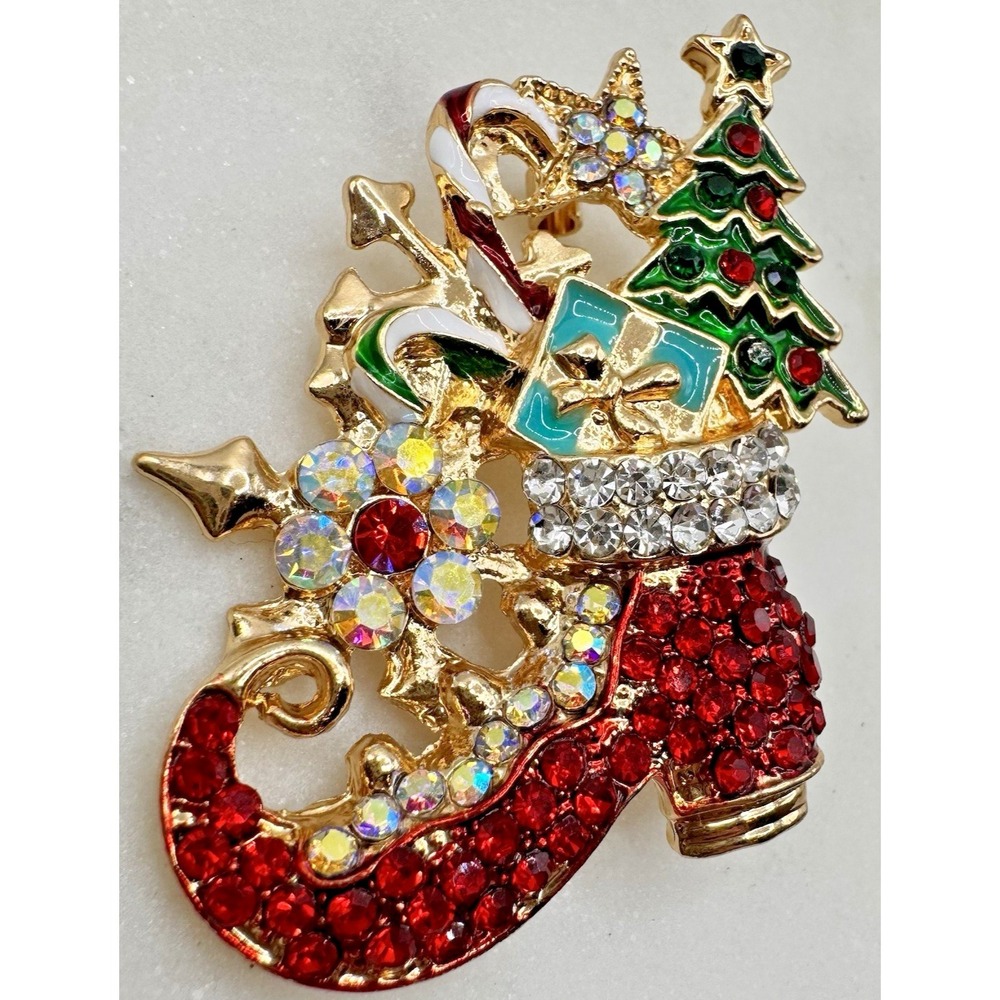 Vintage Christmas Brooch Rhinestone Stocking Tree Candy Cane Enamel Holiday‎ Pin